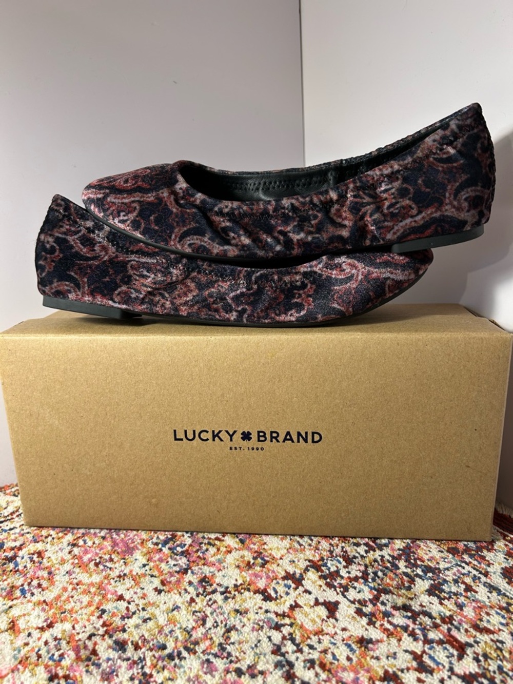 Lucky Brand Black and Burgundy Paisley Slip-On Flats